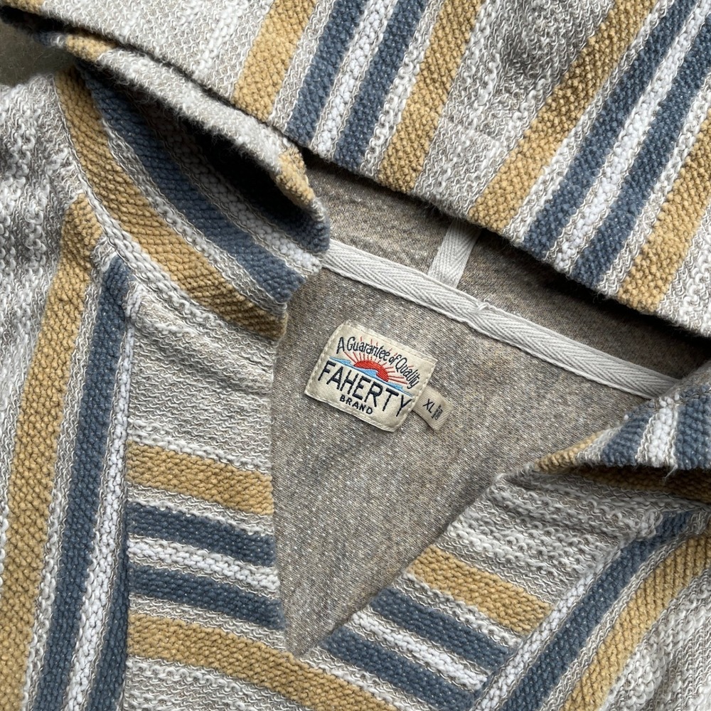 Faherty Mens Striped Baja Hoodie Cotton Knit Pullover Grey Blue MKF2032 XL - Picture 3 of 10